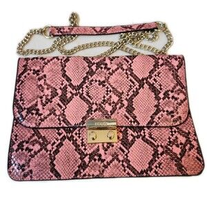BCBG faux leather, pink & brown snakeskin print, rectangle crossbody bag purse